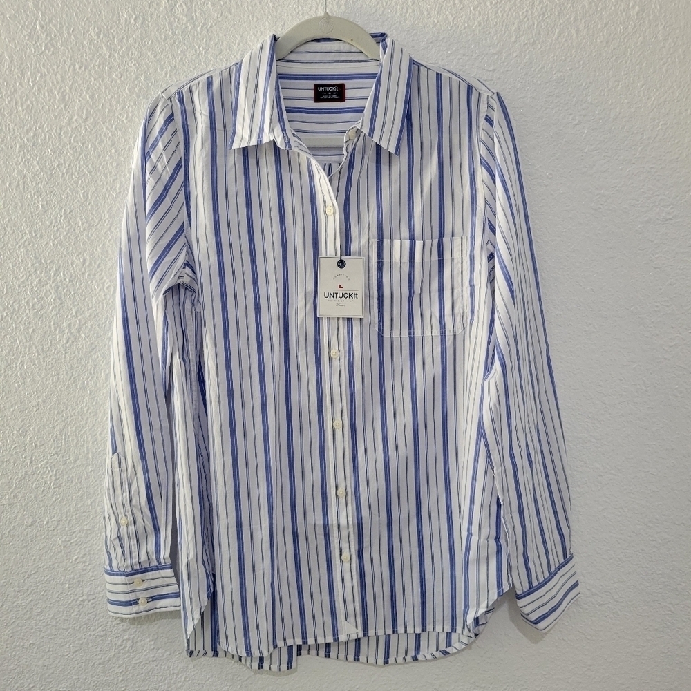 UNTUCKit Pinot Perse Shirt, Striped Blue White Long Sleeve Button Up NWT SZ 10 - Picture 1 of 9